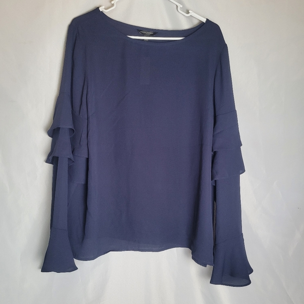NWT Banana Republic Factory Navy Ruffle Long Sleeve Blouse Women's Size XL